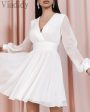 Women Long Sleeve Deep V Neck White A-line High Waist Ruffles Dress OL Elegant Solid Color Work Party Dress For Cheap