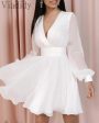 Women Long Sleeve Deep V Neck White A-line High Waist Ruffles Dress OL Elegant Solid Color Work Party Dress For Cheap