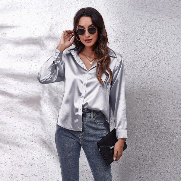 Women Satin Shirt 2023 Summer Silk Office Work Button Lapel Long Sleeve White Shirt Formal Dress Retro Casual Loose Solid Color Cheap