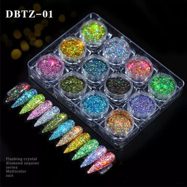 12pcs set Nail Glitter Powder Dust Iridescent Flakes Sequins Gold Silver Super Shining Paillette Nail Art Manicure Decorations Supply