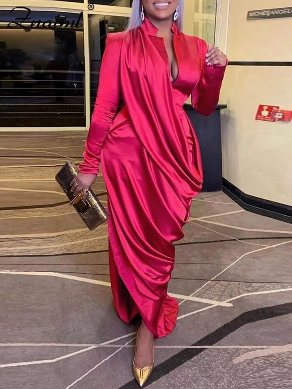 Znaiml Elegant Solid Satin Ruched Long Sleeve Bodycon Maxi Red Dress for Women Evening Party Nightclub Celebrity Formal Vestidos For Discount