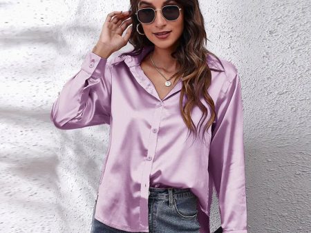 Women Satin Shirt 2023 Summer Silk Office Work Button Lapel Long Sleeve White Shirt Formal Dress Retro Casual Loose Solid Color Cheap