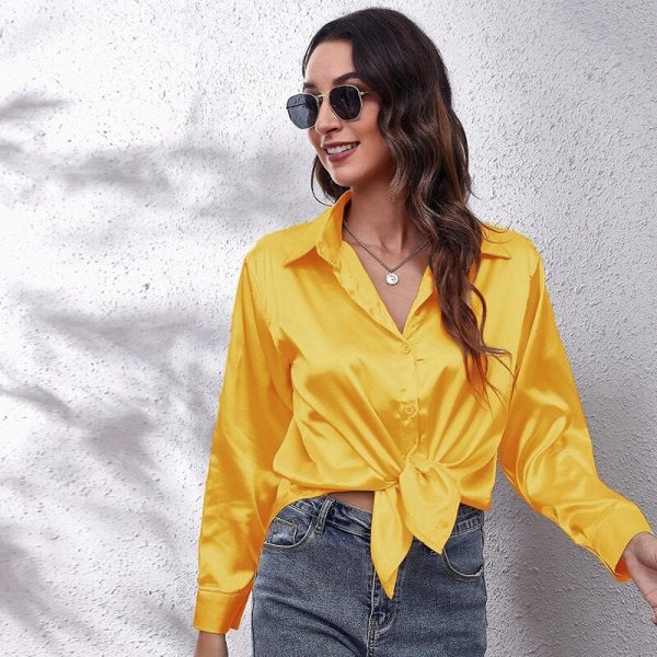 Women Satin Shirt 2023 Summer Silk Office Work Button Lapel Long Sleeve White Shirt Formal Dress Retro Casual Loose Solid Color Cheap