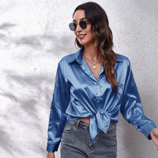 Women Satin Shirt 2023 Summer Silk Office Work Button Lapel Long Sleeve White Shirt Formal Dress Retro Casual Loose Solid Color Cheap